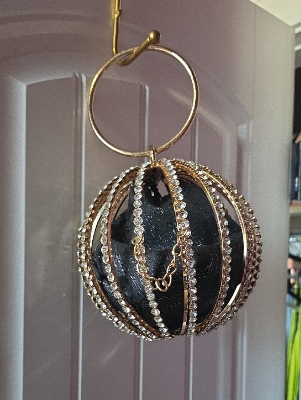Gold Rhinestone Orb Clutch with Black Fabric Insert - Picture 2 of 3